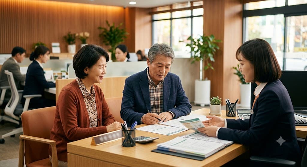 은행 창구에서 중년 부부가 전세대출 상담받는 장면