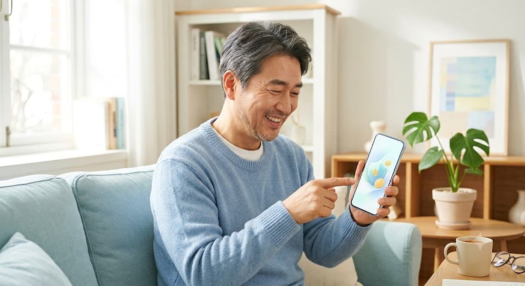 50대 남성이 스마트폰으로 홈택스 환급금을 조회하는 장면, 파스텔 블루 색감, 밝고 희망적인 분위기