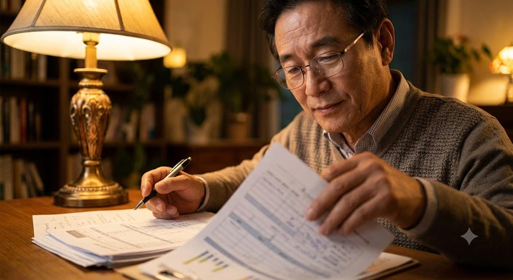 세금 서류를 검토하는 50대 남성 클로즈업, 따뜻한 실내 조명, 실사 느낌