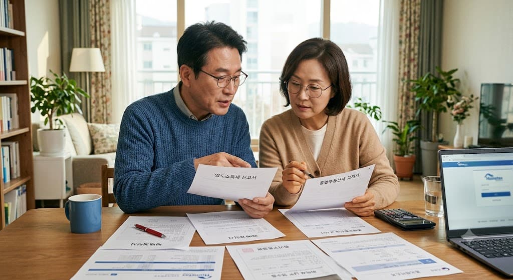 중년 부부가 함께 부동산 세금 서류를 확인하는 장면, 밝고 차분한 색감