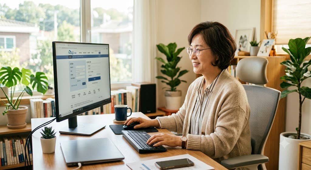 컴퓨터 앞에 앉아 홈택스 사이트를 이용하는 중년 여성, 밝은 색감, 실사 느낌